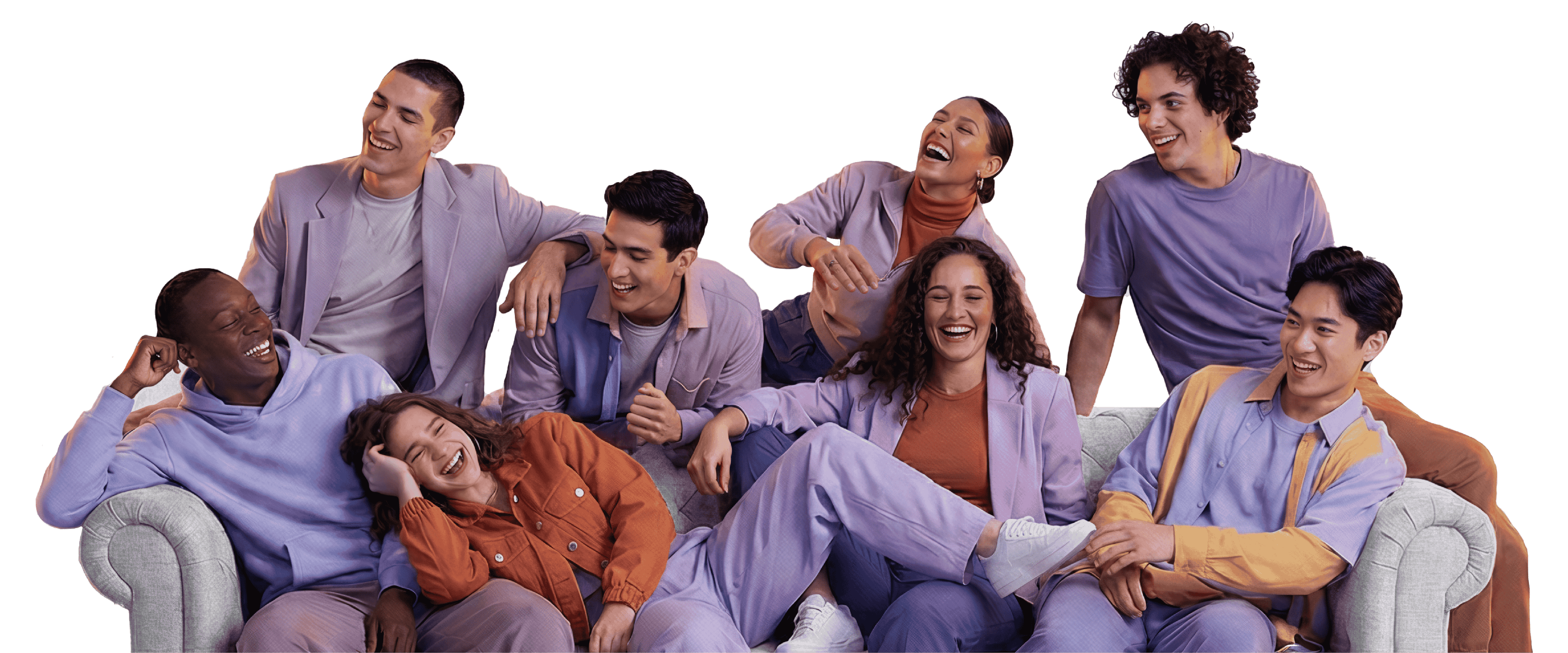 Group of people sitting on a sofa and laughing