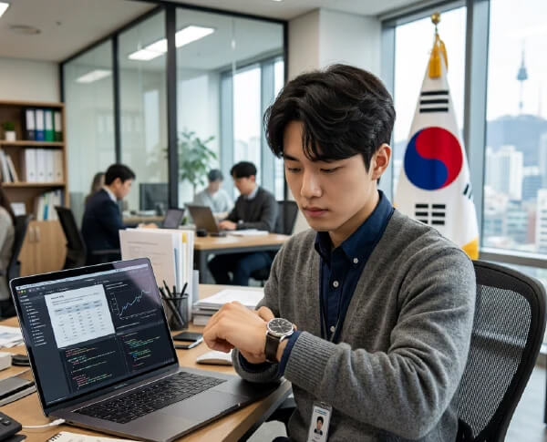 Homem coreano a verificar a hora