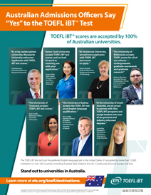 A thumbnail of a flyer highlighting multiple Australian admissions officers discussing acceptance of the TOEFL iBT test